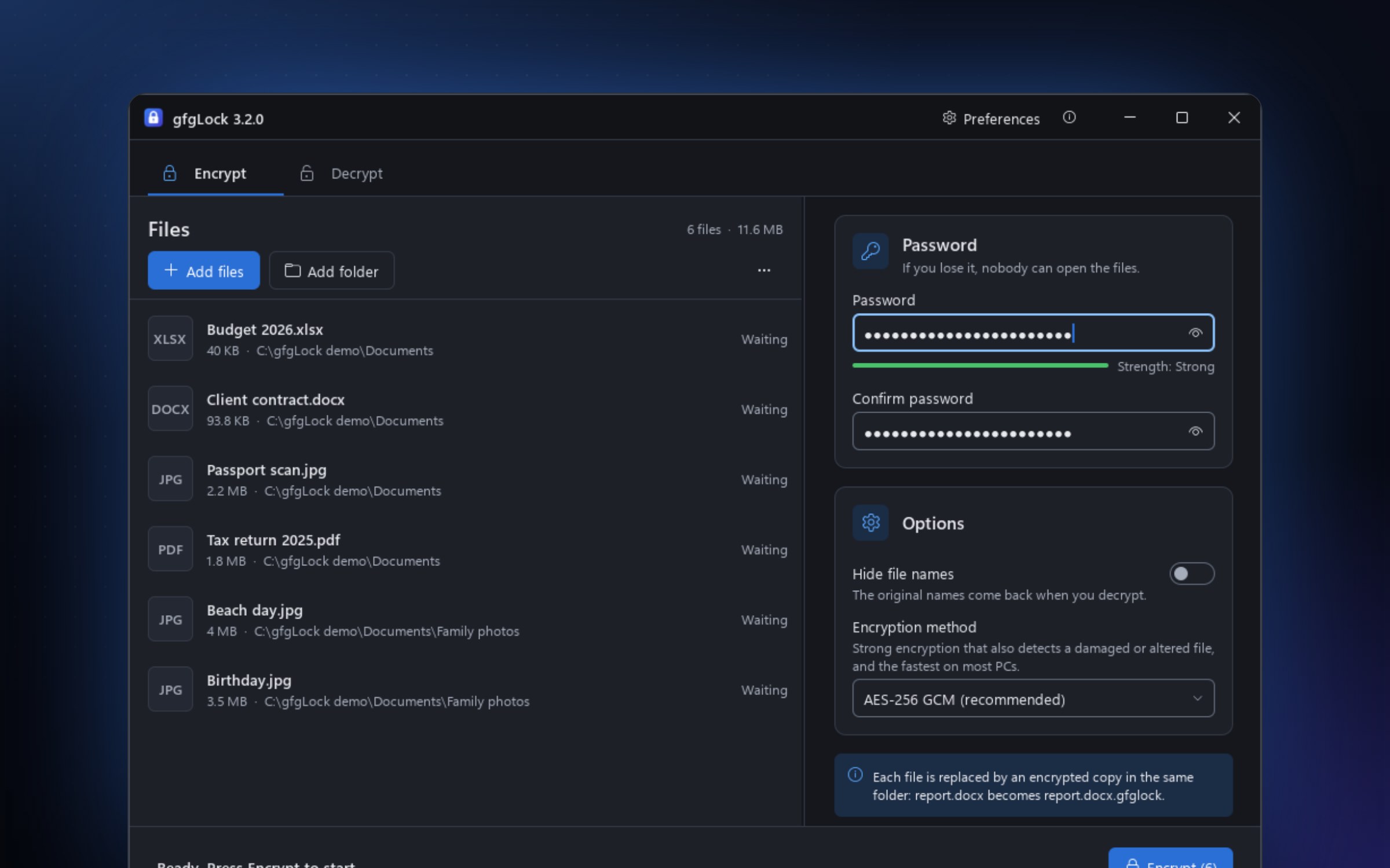 gfgLock 3.2.0 Encrypt tab with six files queued, a strong password, and AES-256 GCM selected