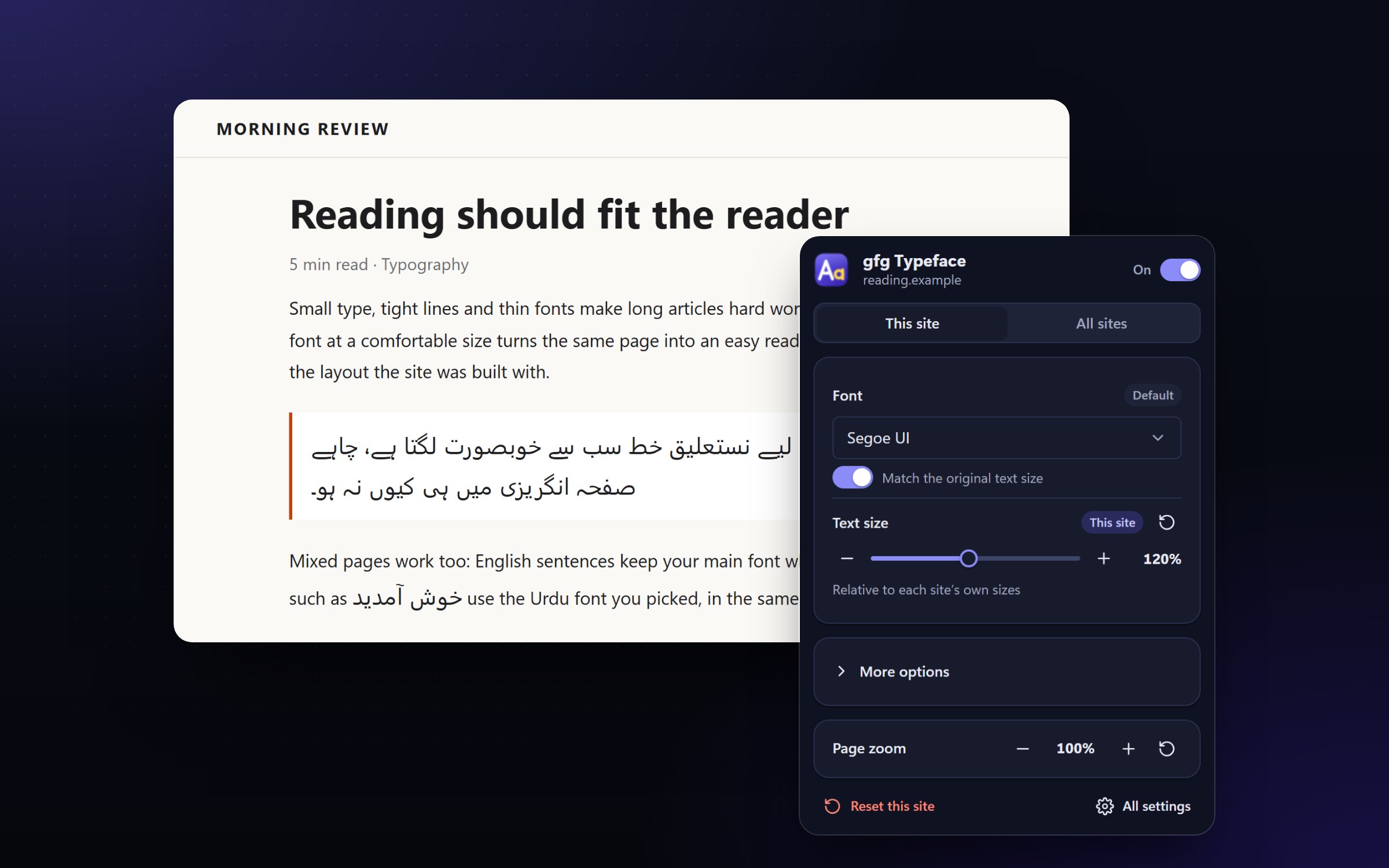 gfg Typeface popup setting Segoe UI at 120% on an article that mixes English and Urdu