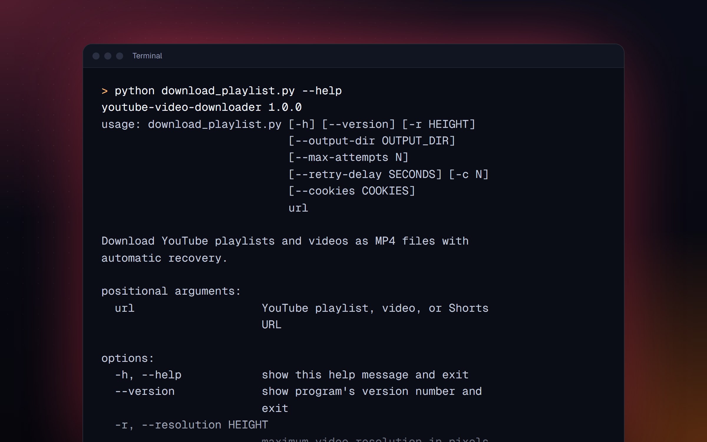 Terminal showing the downloader's help output and its options